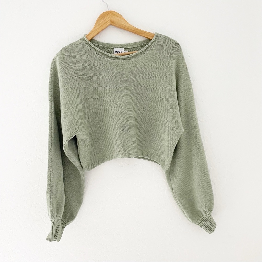 Princess Polly sage green cropped puff sleeve sweater size S/M